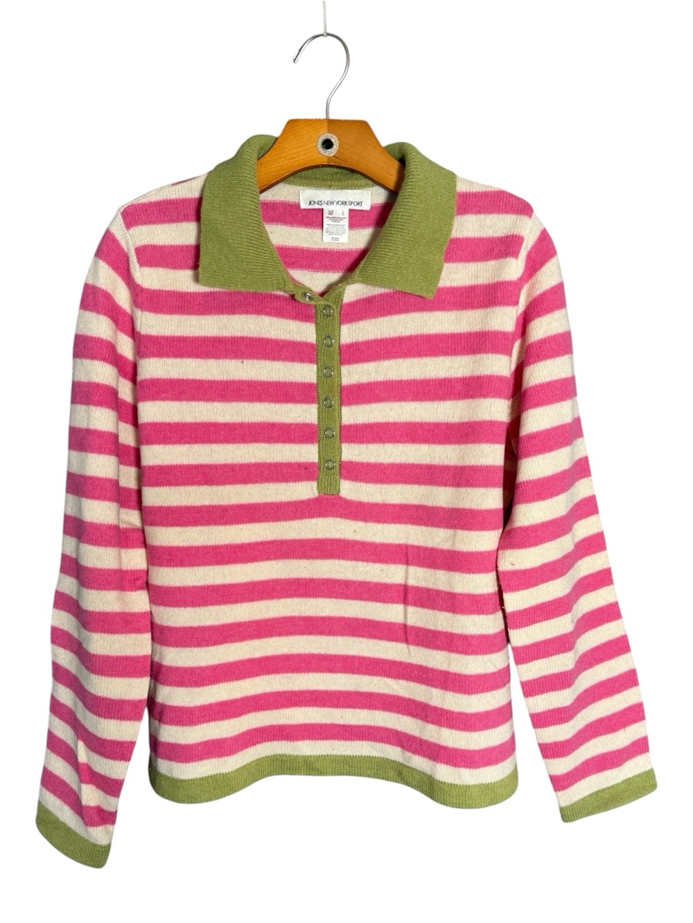 Jones New York Sport Pink Green Striped Cardigan Dopamine Dressing Wool